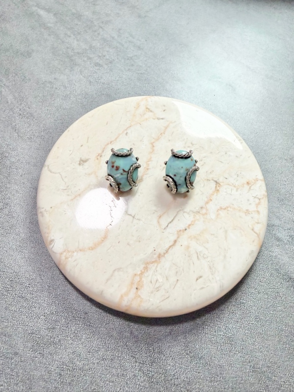 Vintage MCM Blue Robins Egg Cabochon Clip-on Earrings Silver-Tone Spring Summer